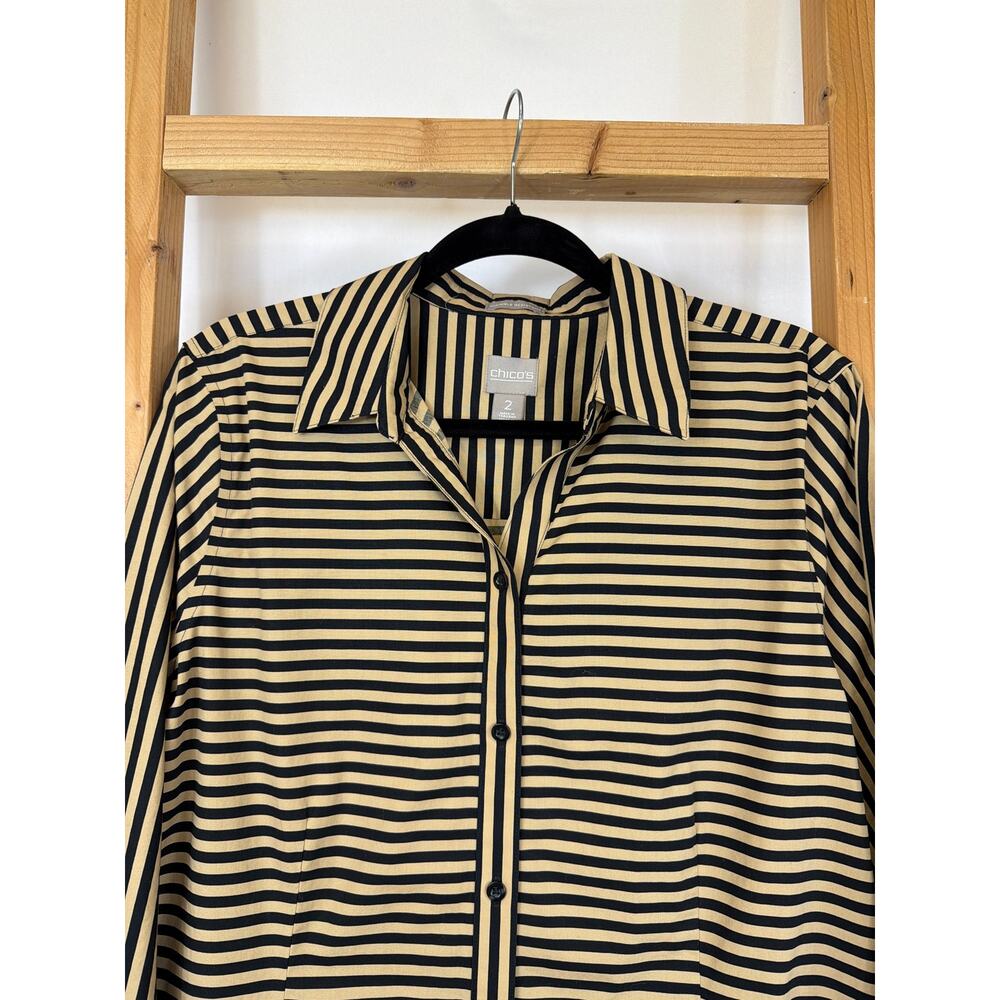 Chicos Black and Tan Striped Button Up Long Sleeve Shirt Size L - Picture 2 of 8